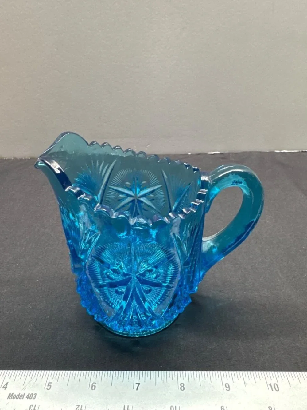 Kemple Glass Works Aqua Blue Yutec Pattern Creamer Scalloped Rim & Starburst Mot